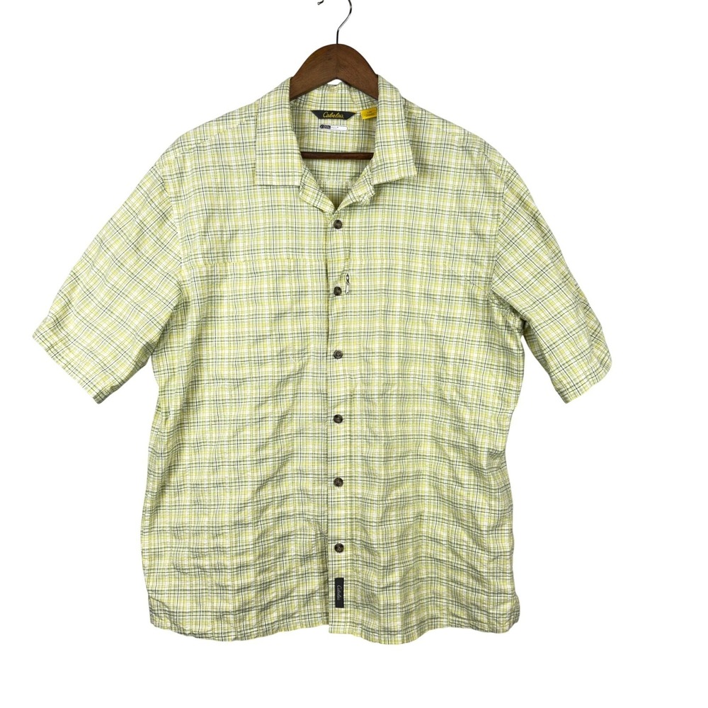 Cabelas Mens Button Down Shirt Large Yellow Green Plaid CoolMax Hiking Outdoors
